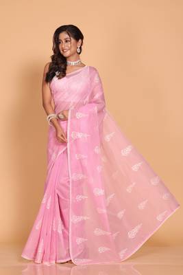 Supernet cotton embroidery saree(Pink) 4