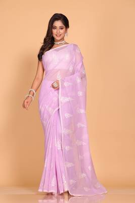 Supernet Cotton Embroidery Saree(Purple) Without Blouse 1