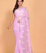 Supernet Cotton Embroidery Saree(Purple) Without Blouse