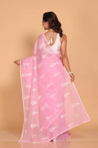 Supernet cotton embroidery saree(Pink)