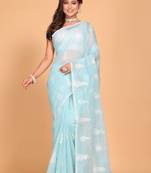 Supernet cotton embroidery saree(Blue)