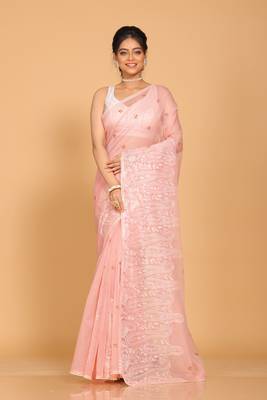 Supernet cotton embroidery saree(Onion Pink) 1