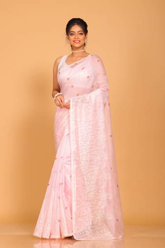 Supernet cotton embroidery saree(Light Pink)