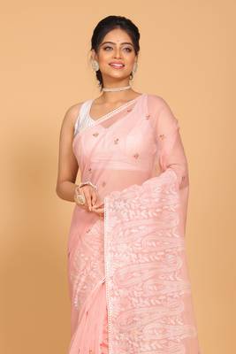 Supernet cotton embroidery saree(Onion Pink) 2