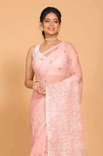 Supernet cotton embroidery saree(Onion Pink)