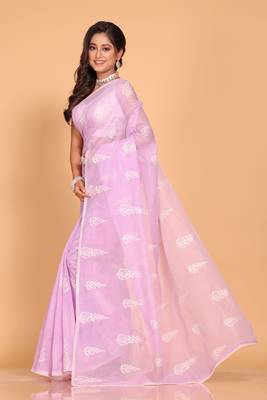 Supernet Cotton Embroidery Saree(Purple) Without Blouse 3