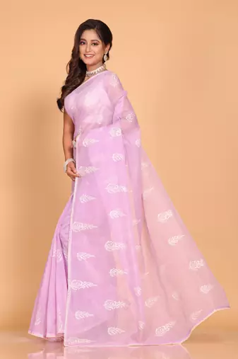 Supernet Cotton Embroidery Saree(Purple) Without Blouse