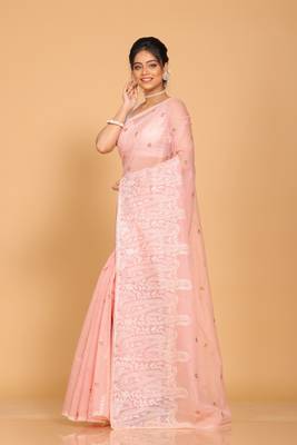 Supernet cotton embroidery saree(Onion Pink) 3