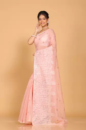 Supernet cotton embroidery saree(Onion Pink)