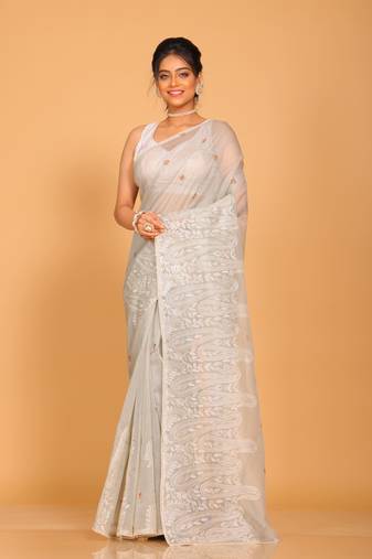Supernet cotton embroidery saree(Dark Slate Grey)