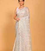 Supernet cotton embroidery saree(Dark Slate Grey)