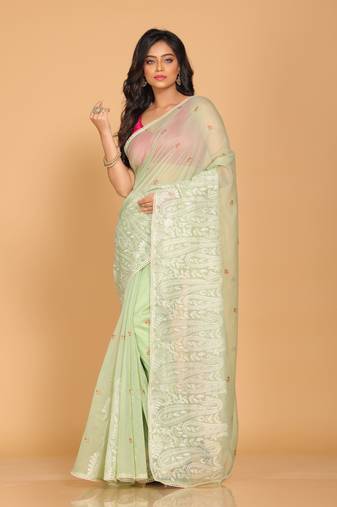 Supernet cotton embroidery saree(Green)