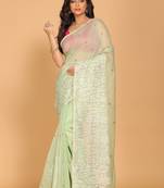 Supernet cotton embroidery saree(Green)