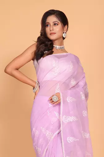 Supernet Cotton Embroidery Saree(Purple) Without Blouse