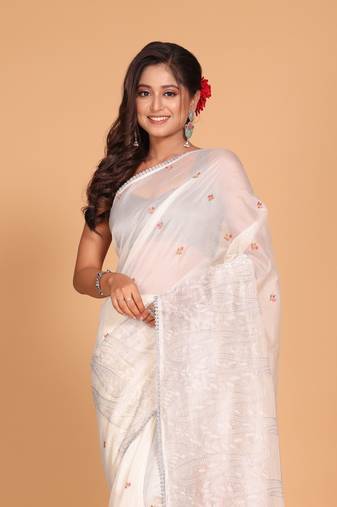 Supernet cotton embroidery saree(Brown)