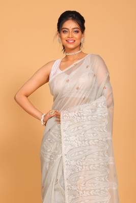 Supernet cotton embroidery saree(Dark Slate Grey) 2