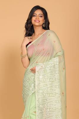 Supernet cotton embroidery saree(Green) 2