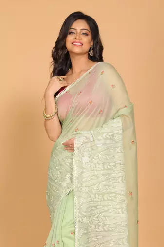 Supernet cotton embroidery saree(Green)