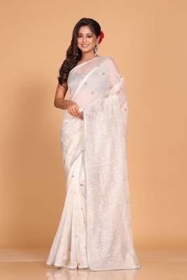 Supernet cotton embroidery saree(Brown) 2