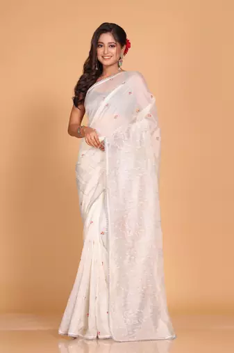 Supernet cotton embroidery saree(Brown)