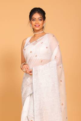 Supernet cotton embroidery saree(Light Grey) 1