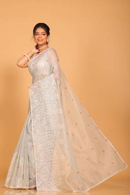 Supernet cotton embroidery saree(Dark Slate Grey) 3