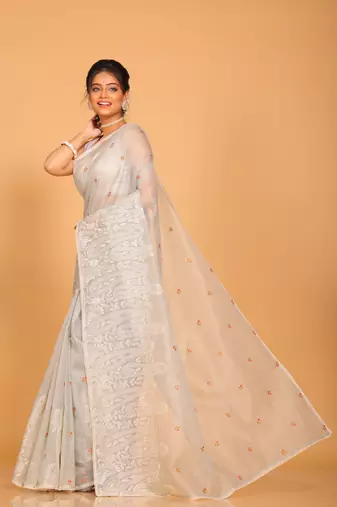 Supernet cotton embroidery saree(Dark Slate Grey)