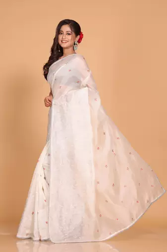 Supernet cotton embroidery saree(Brown)