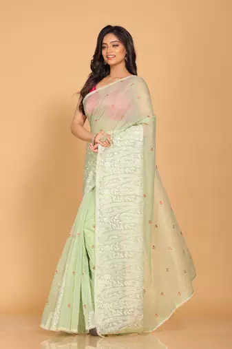 Supernet cotton embroidery saree(Green)