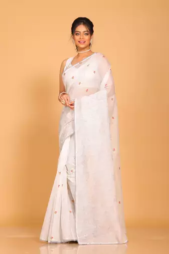 Supernet cotton embroidery saree(Light Grey)