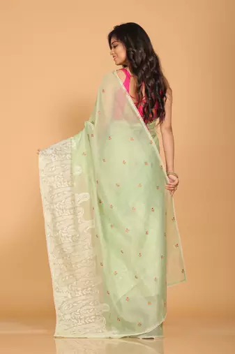 Supernet cotton embroidery saree(Green)