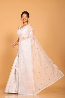 Supernet cotton embroidery saree(Light Grey) 3