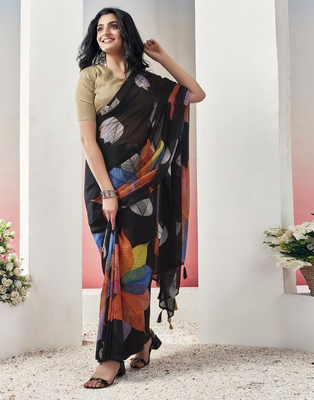 Black Ready To Wear Floral Print Daily Wear Georgette Saree 1