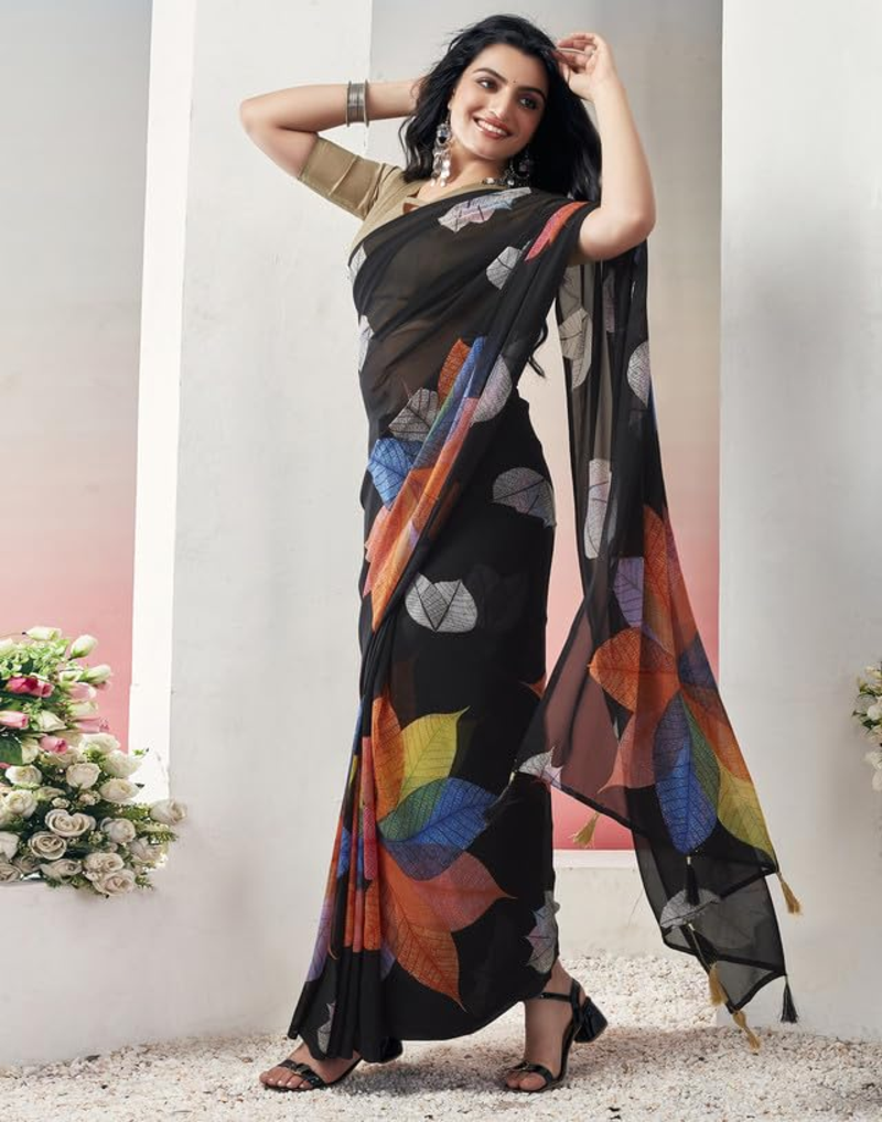 Black Ready To Wear Floral Print Daily Wear Georgette Saree