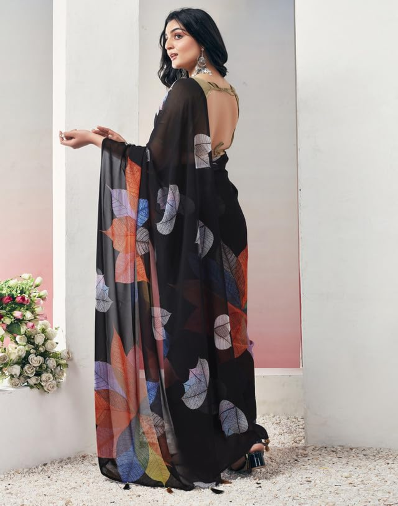 Black Ready To Wear Floral Print Daily Wear Georgette Saree