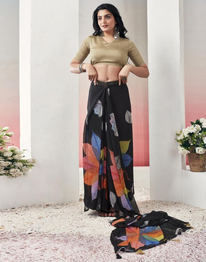 Black Ready To Wear Floral Print Daily Wear Georgette Saree