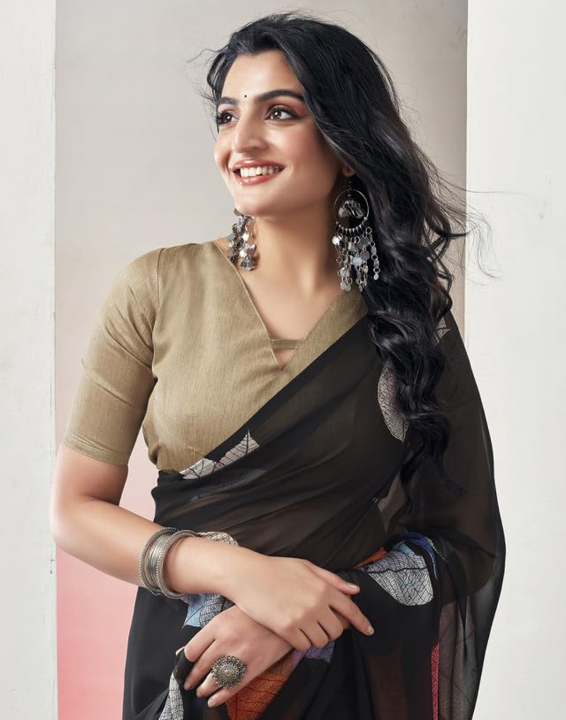 Black Ready To Wear Floral Print Daily Wear Georgette Saree