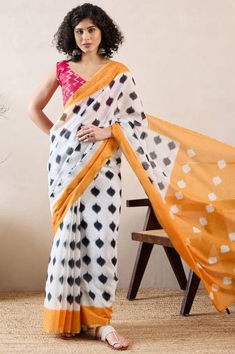women white linen blend ikat printed saree