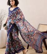 women blue linen blend abstract printed saree
