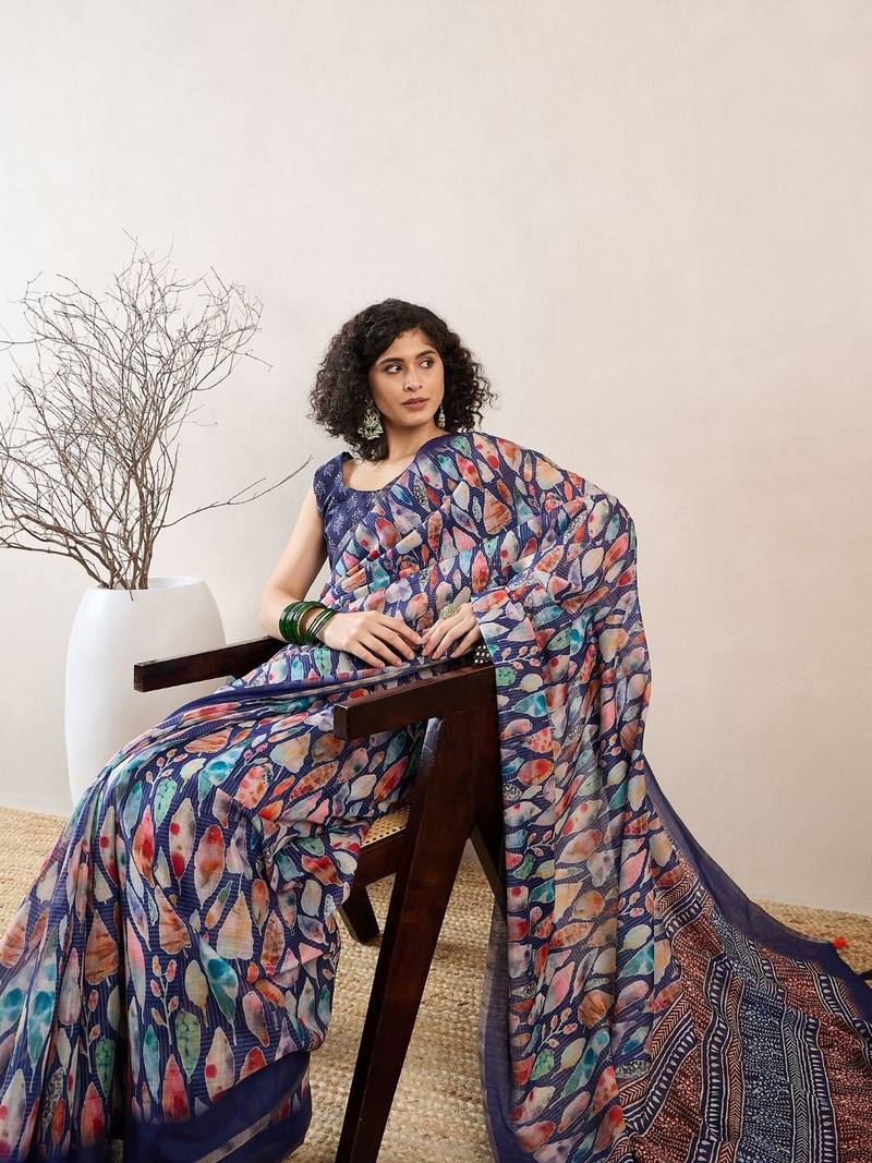 women blue linen blend abstract printed saree