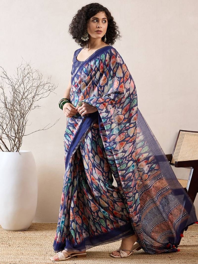 women blue linen blend abstract printed saree