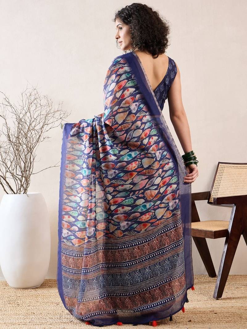 women blue linen blend abstract printed saree