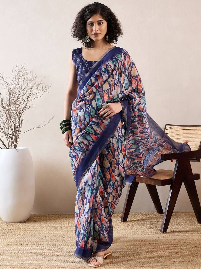 women blue linen blend abstract printed saree