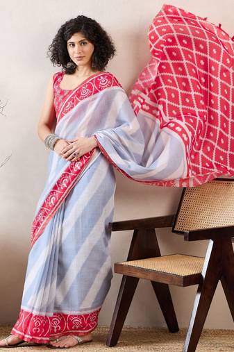 women blue linen blend ikat printed saree