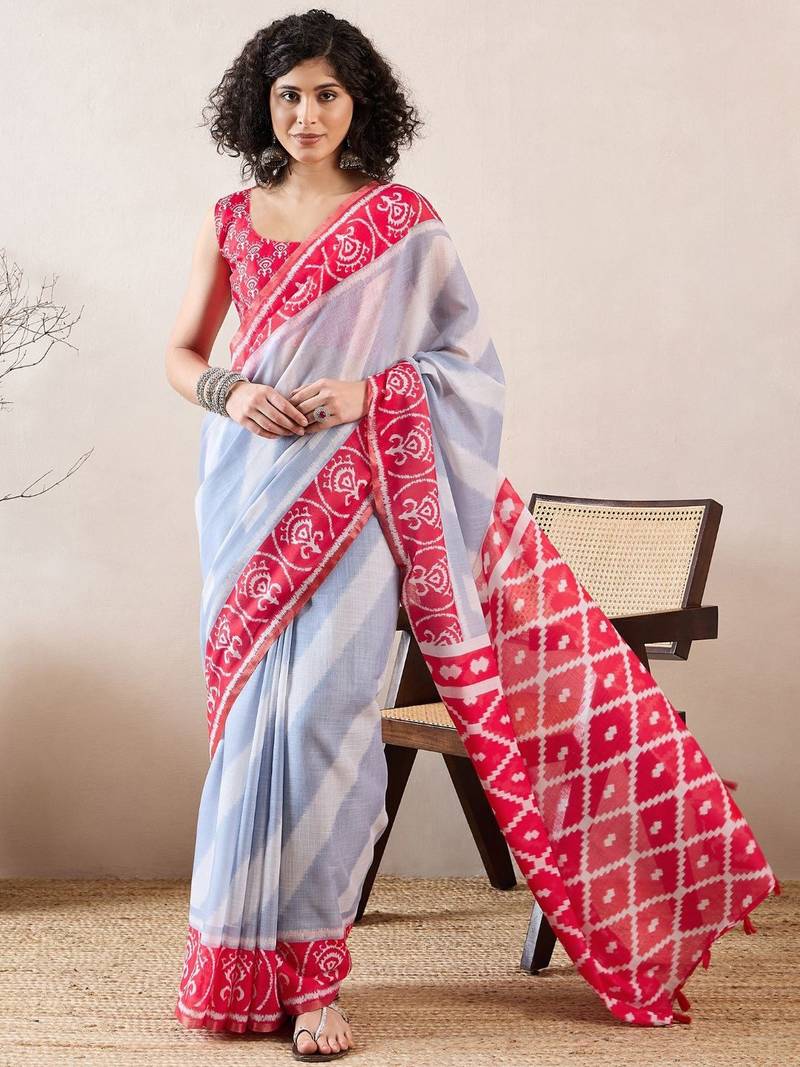 women blue linen blend ikat printed saree