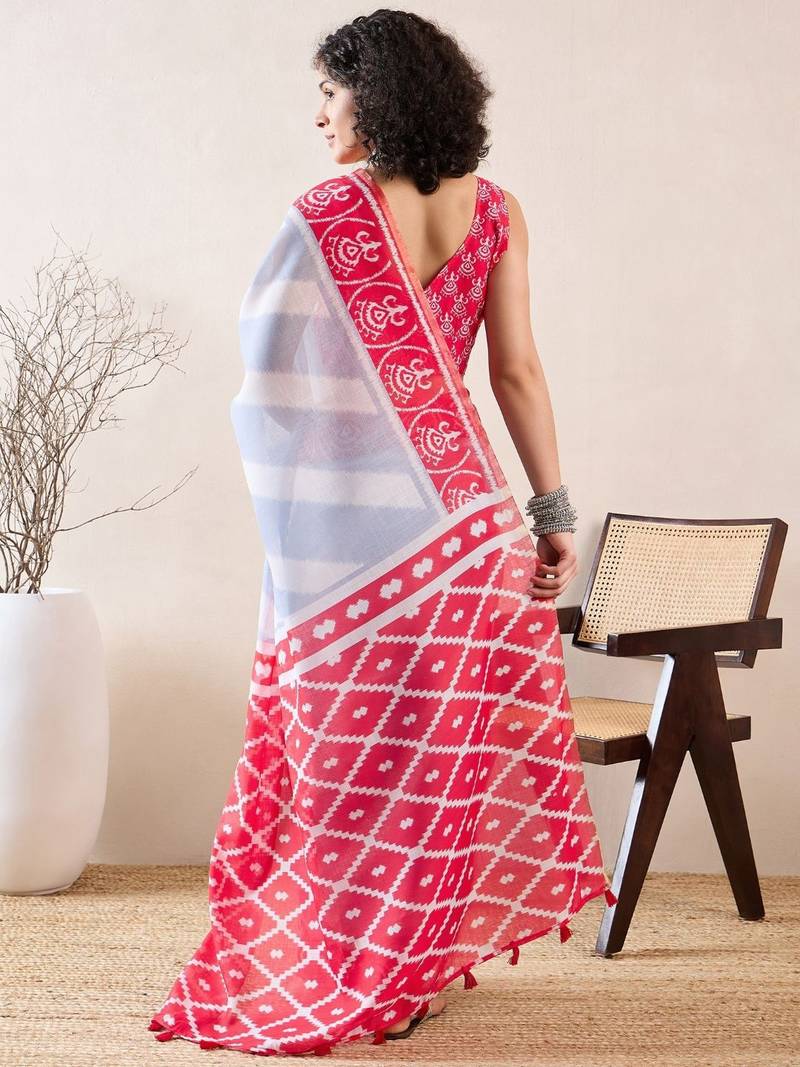 women blue linen blend ikat printed saree