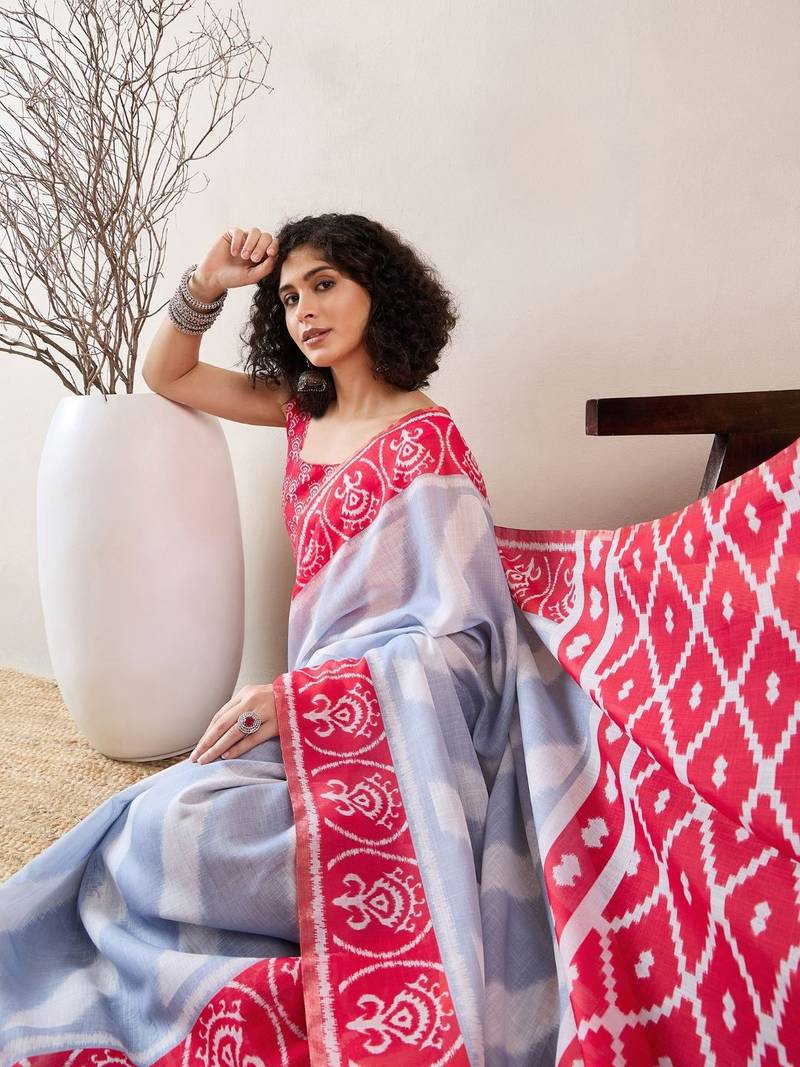 women blue linen blend ikat printed saree