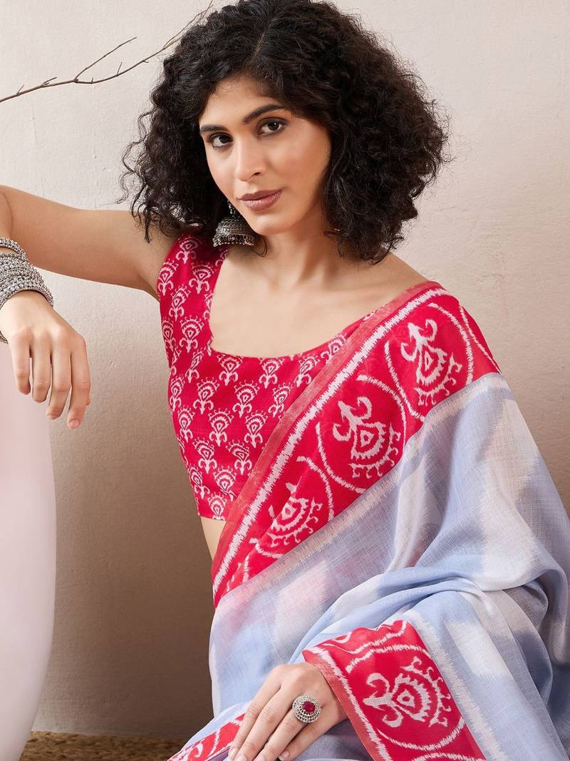 women blue linen blend ikat printed saree