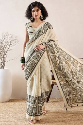 women off white linen blend geometric printed saree