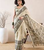 women off white linen blend geometric printed saree